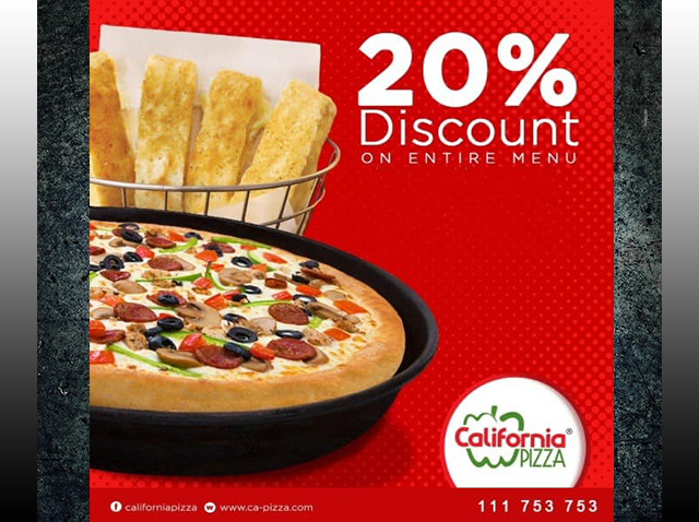 Packages Mall - California Pizza - Discount 20% on Entire Menu